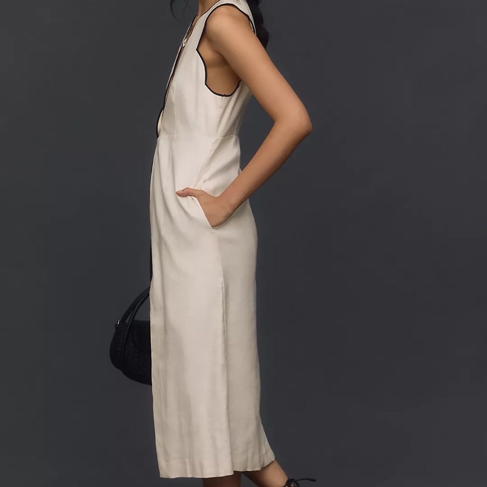 NWOT Maeve tipped longline linen vest Sleeveless Cream Vest with Black Trim - Picture 5 of 5